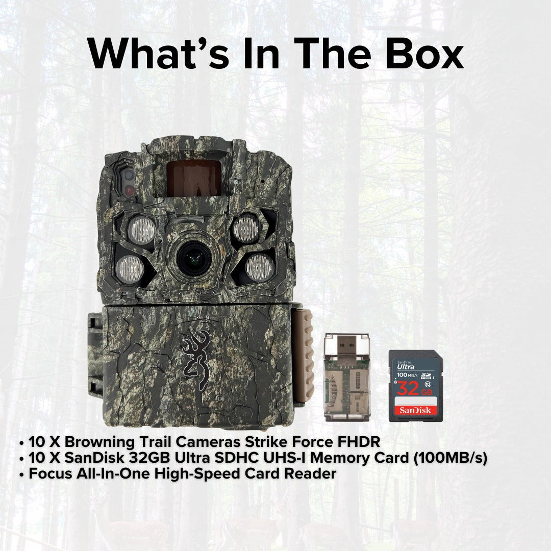 Browning Trail Cameras Strike Force FHDR (10-Pack) with 10 x 32GB Memory Card and Card Reader Bundle