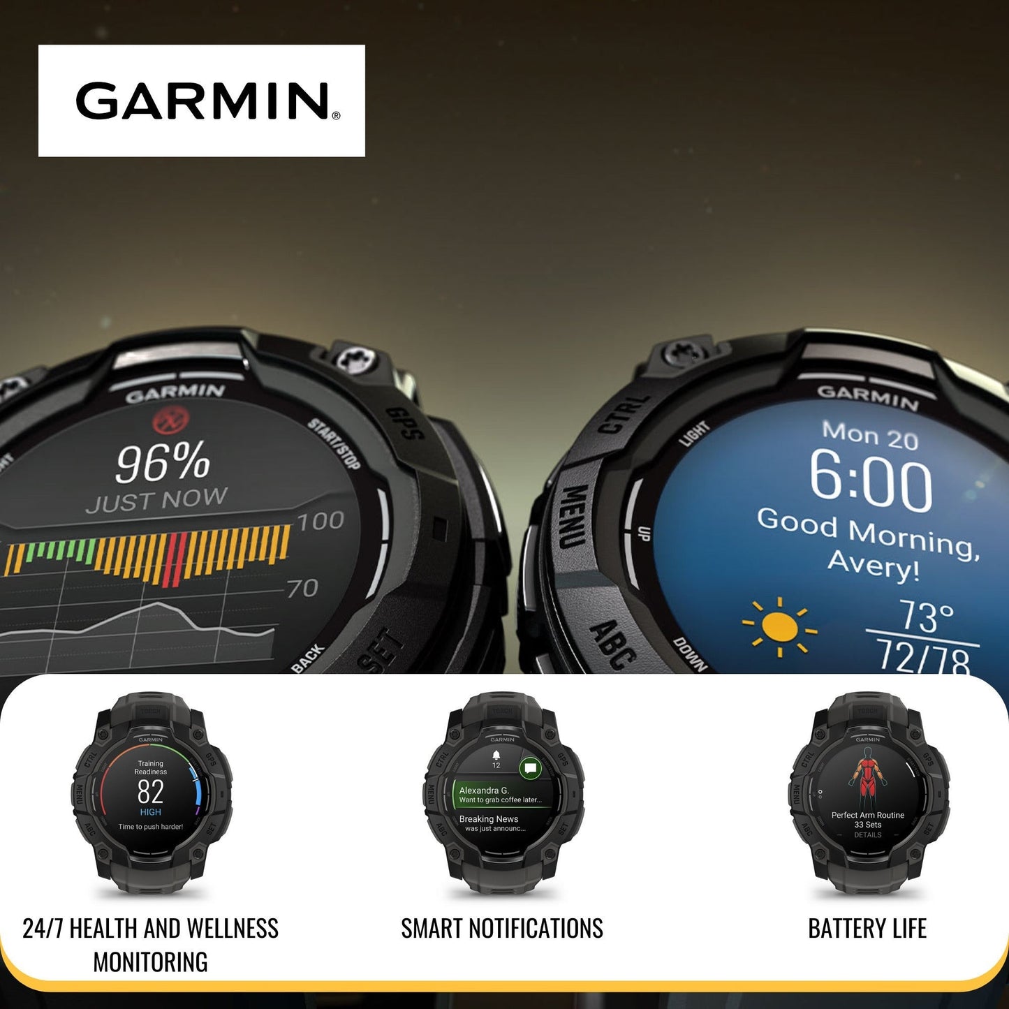 Garmin Instinct 3 45mm AMOLED GPS Smartwatch (Neo Tropic) and Focus Camera Charger Stand Bundle
