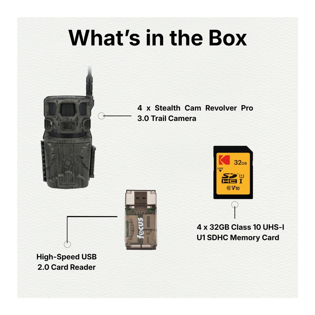 Stealth Cam Revolver Pro 3.0 Trail Camera (4-Pack) Bundle with Memory Card
