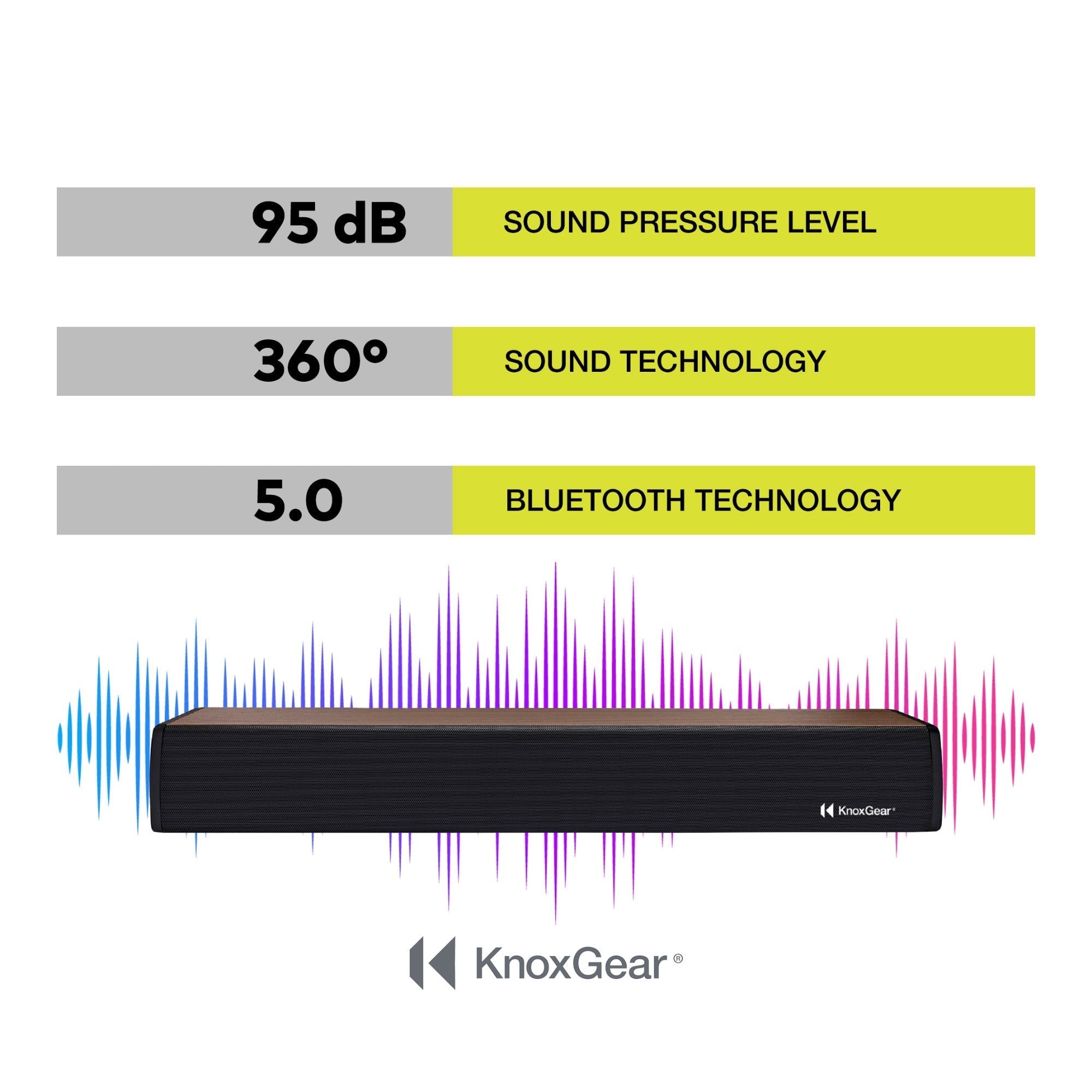 Knox Gear 60-Watt Compact Wireless 2.0ch Soundbar with Bluetooth 5.0 (Black/Oak)
