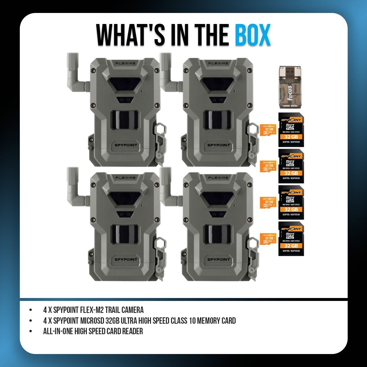 Spypoint FLEX-M2 Trail Camera (4-Pack) with Memory Card and Card Reader Bundle