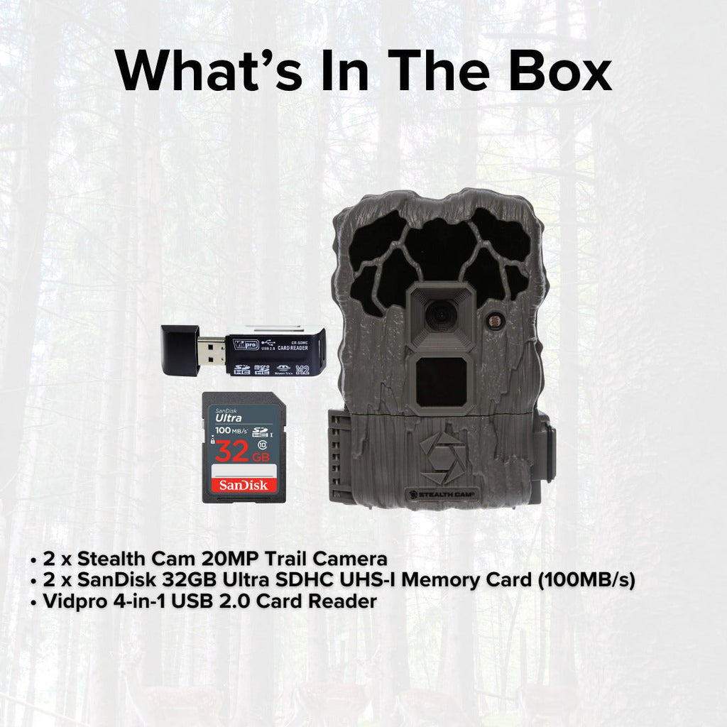 Stealth Cam 20MP Trail Camera with 60 Feet Range Detection and 720P Video Resolution (2-Pack) Bundle