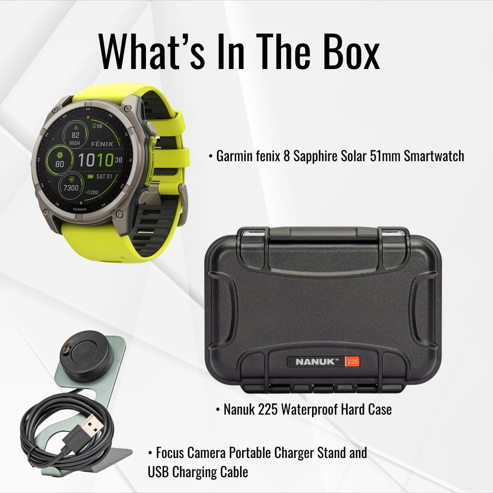 Garmin Fenix 8 Sapphire Solar 51mm Smartwatch (Amp Yellow and Graphite) with Hard Case Bundle