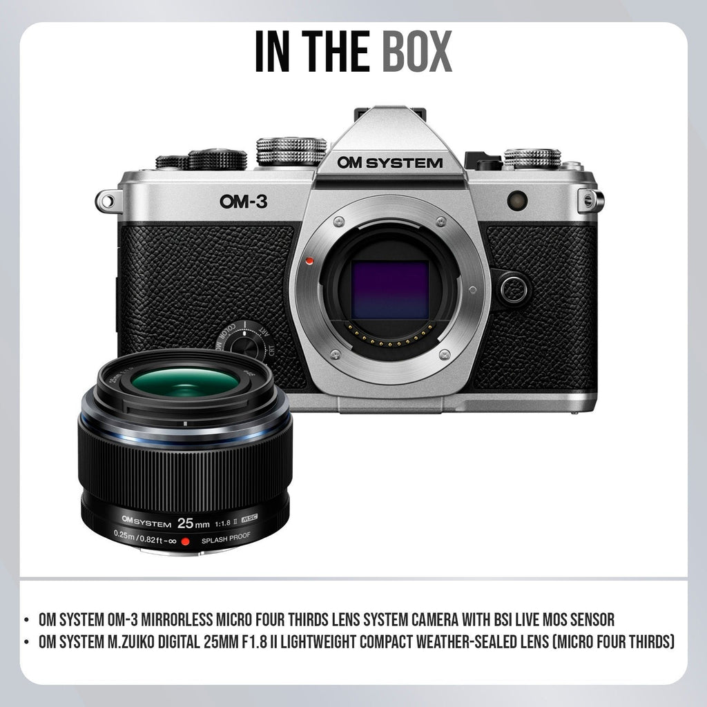 OM SYSTEM Om-3 Mirrorless Micro Four Thirds Lens System Camera and 25mm F1.8 II Lens Bundle