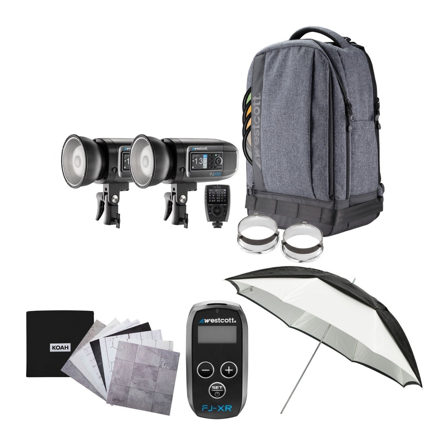 Westcott FJ400 Strobe 2-Light Backpack Kit with FJ-X3S Wireless Trigger with Backdrop Boards Bundle