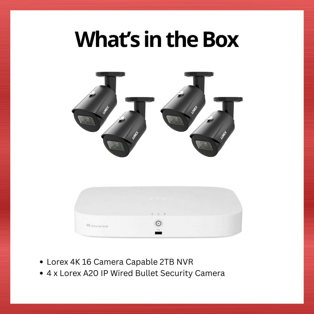 Lorex 4K 2TB NVR Recorder Bundle with A20 Bullet Security Camera (4 Pack)