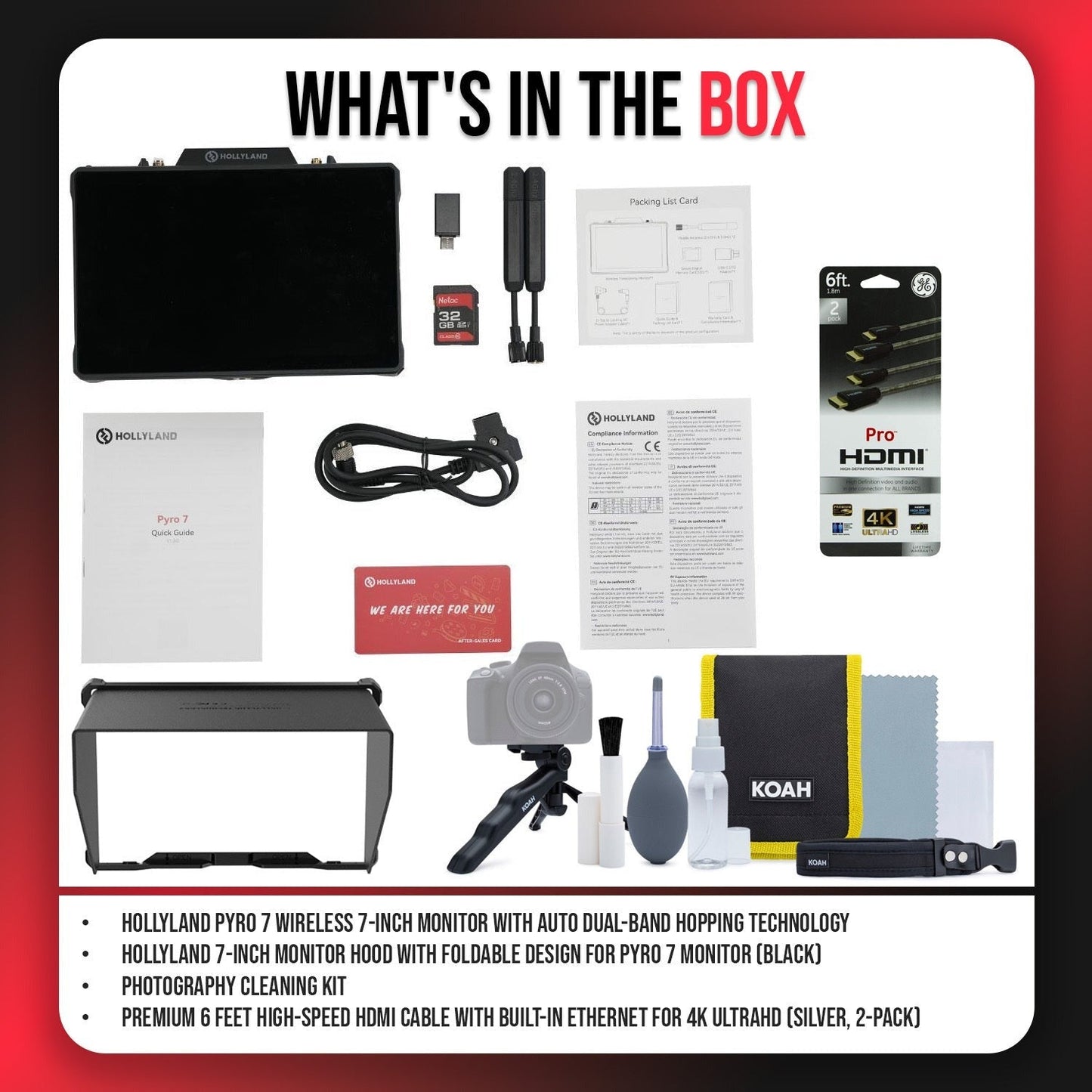 Hollyland Pyro 7 Wireless 7-Inch Monitor, Hood (Black), Cleaning Kit, and Cable Bundle