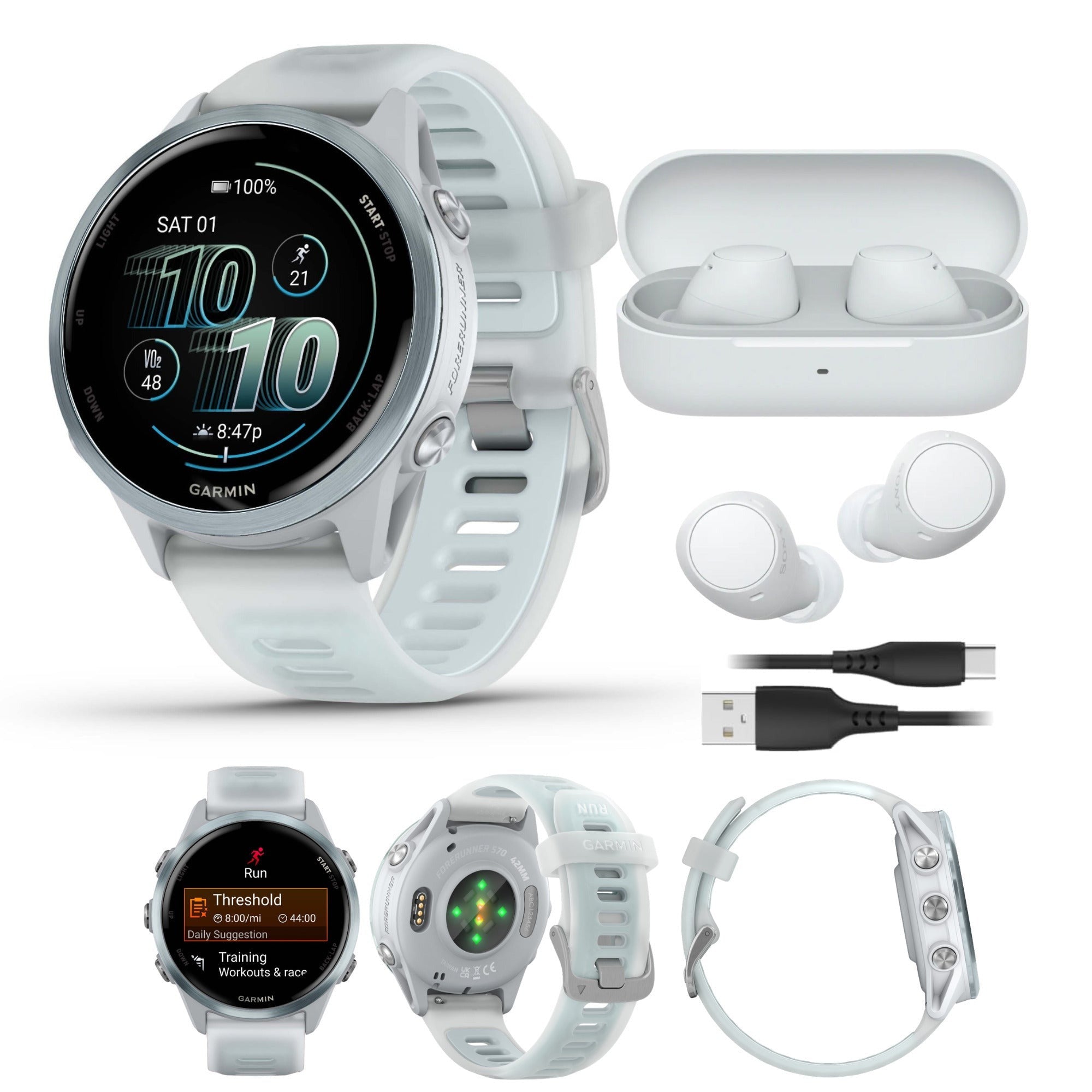 Garmin Forerunner 570 42mm (Cloud Blue/Whitestone) GPS Smartwatch with Earbuds