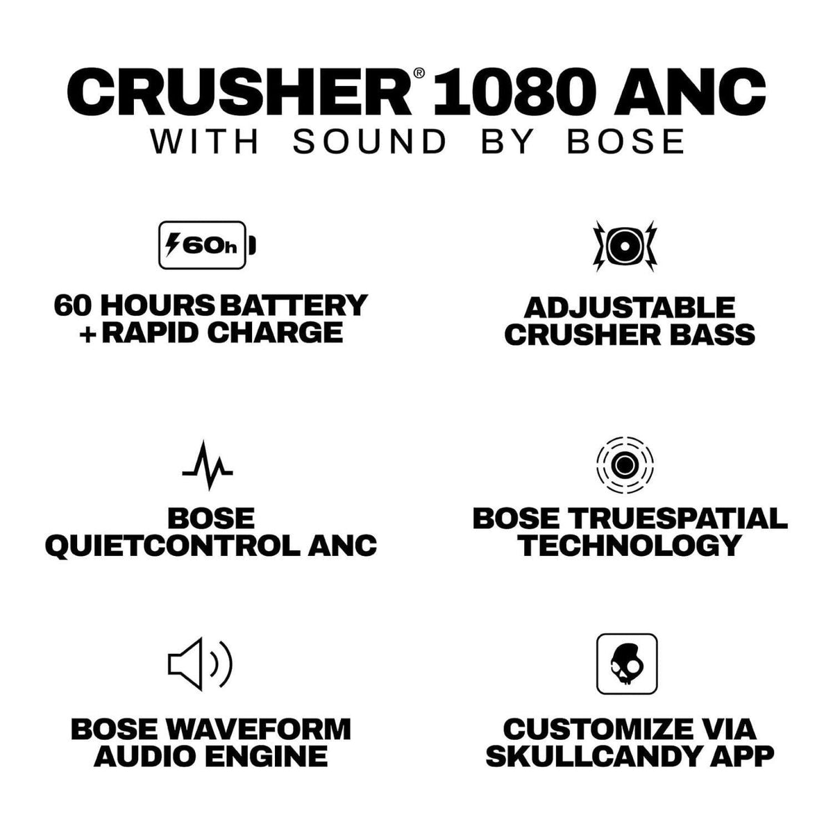 Skullcandy Crusher 1080 ANC Wireless Bluetooth Over-Ear Headphones (True Black)