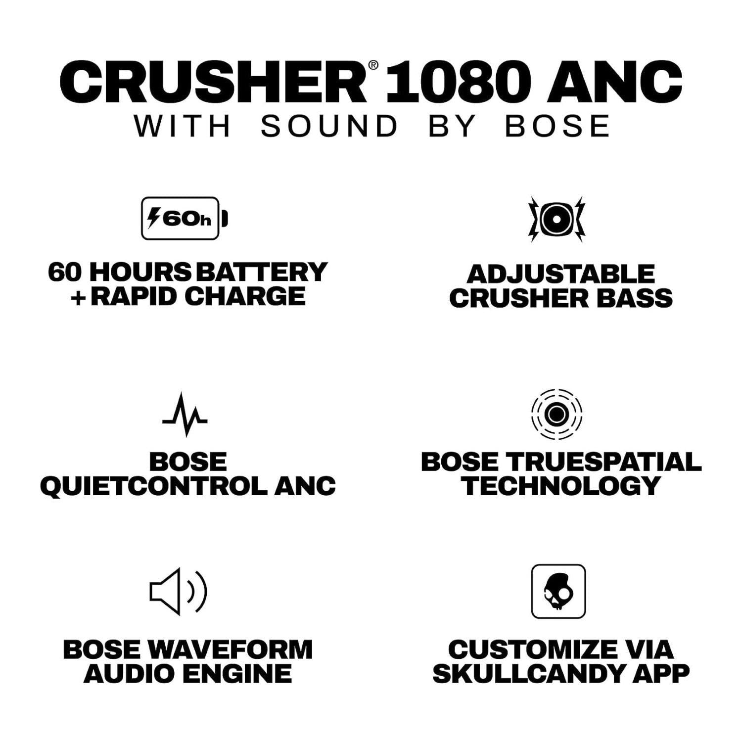 Skullcandy Crusher 1080 ANC Wireless Bluetooth Over-Ear Headphones (True Black)