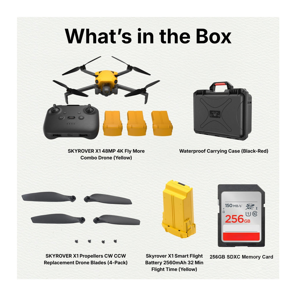 SKYROVER X1 48MP 4K Fly More Combo Drone (Yellow) Bundle with Accessories
