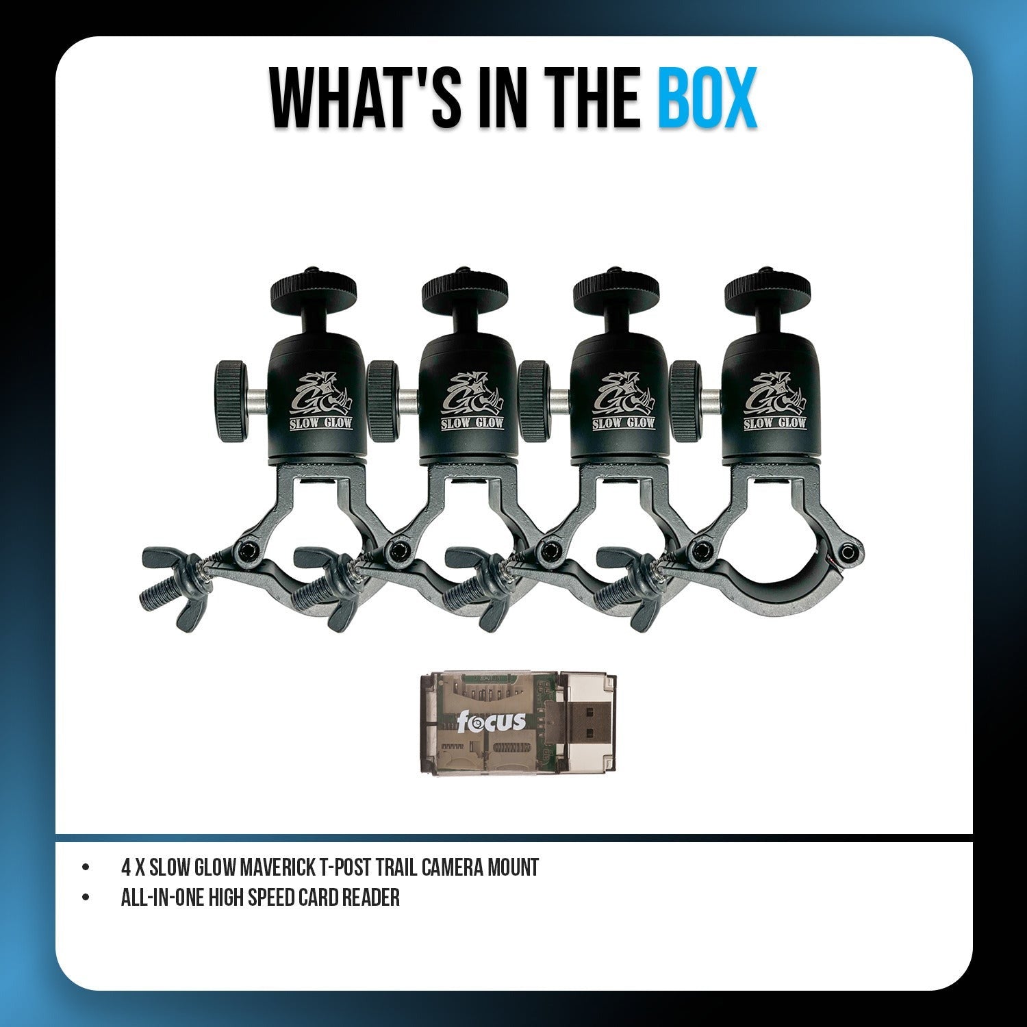 Slow Glow Maverick T-Post Trail Camera Mount (4-Pack) Bundle with Card Reader