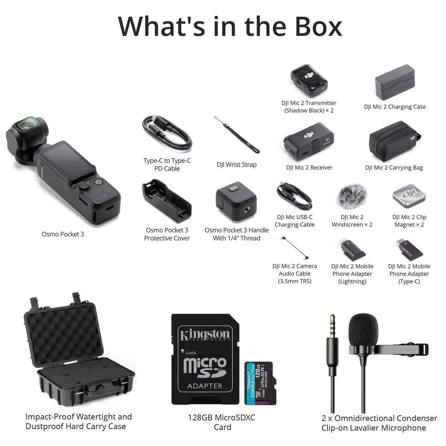DJI Osmo Pocket 3 with Mic 2 (2 TX + 1 RX + Charging Case), Two (2) Lav Mics, 128GB MicroSD, and Imp