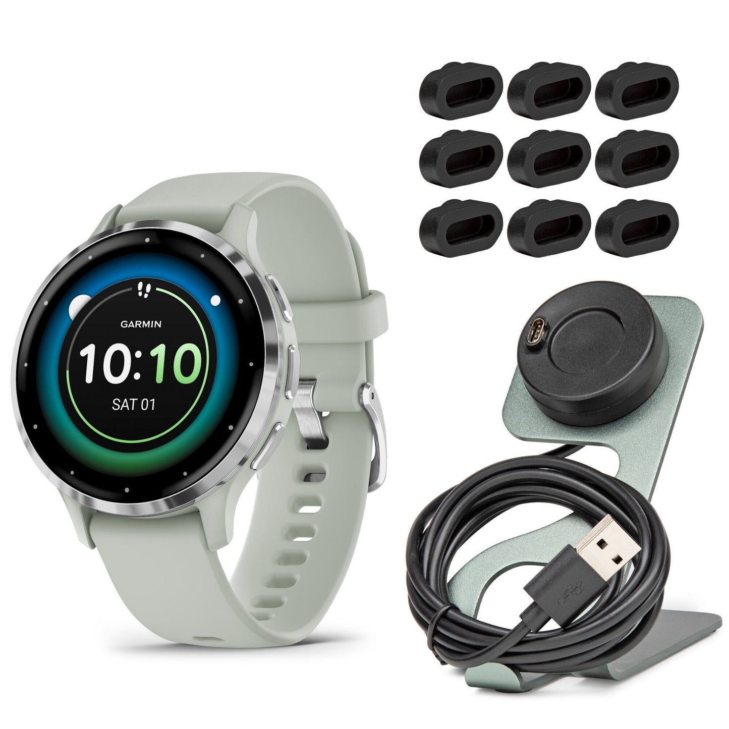 Garmin Venu 3S Smartwatch (Silver and Sage Gray) with Focus Camera Charger Stand and Cable Bundle