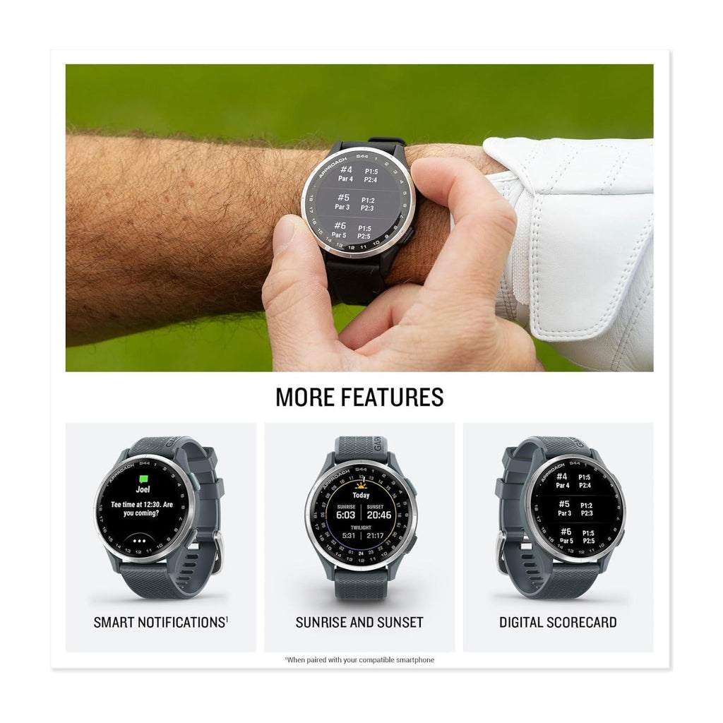 Garmin Approach S44 GPS Golf Smartwatch (Silver Bezel/Twilight Band) Bundle with T710 Earbuds