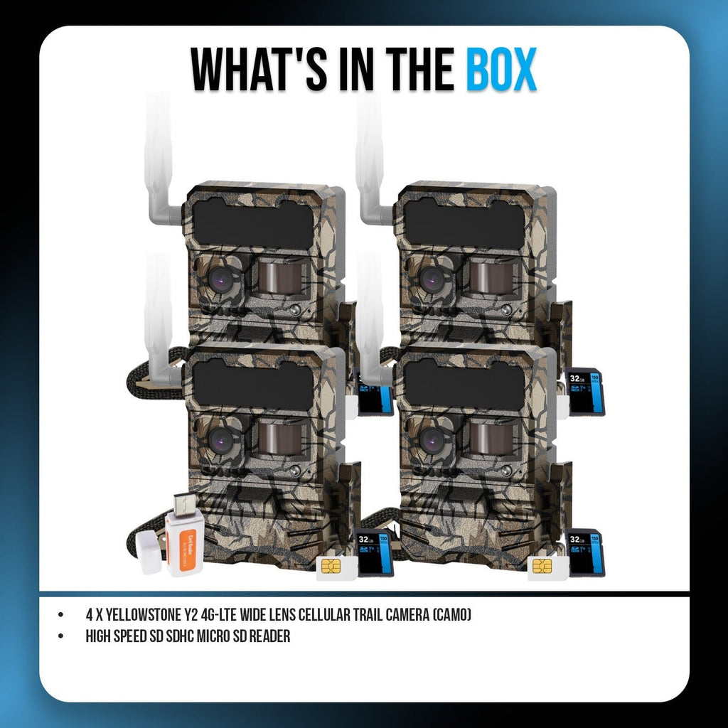 Yellowstone Y2 4G-LTE Wide Lens Cellular Trail Camera (4-Pack) Bundle with Card Reader
