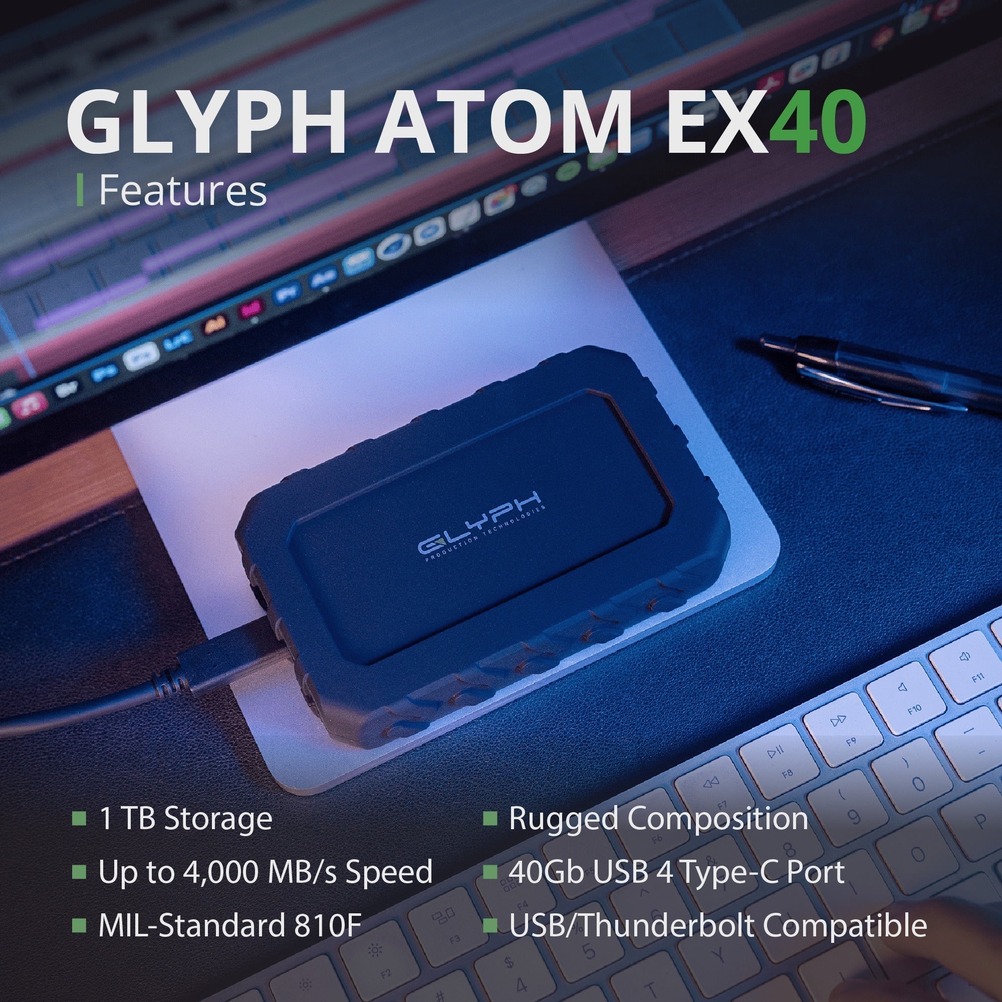 Glyph Atom EX40 High-Intensity 1TB Portable NVMe SSD with USB-C 4 Port (Black)