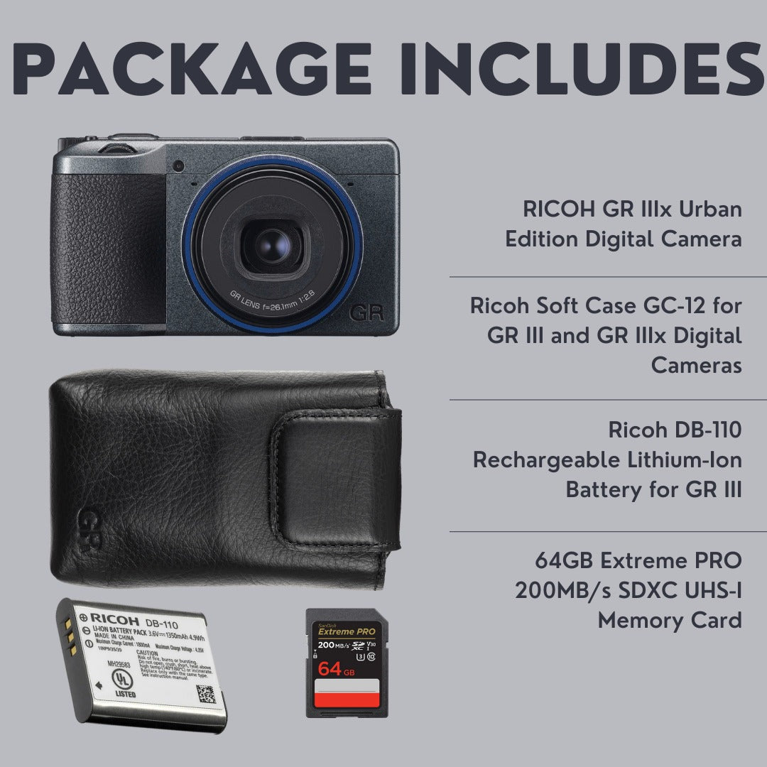 RICOH GR IIIx Urban Edition Digital Camera with Case, 64GB Memory Card, and Spare Battery