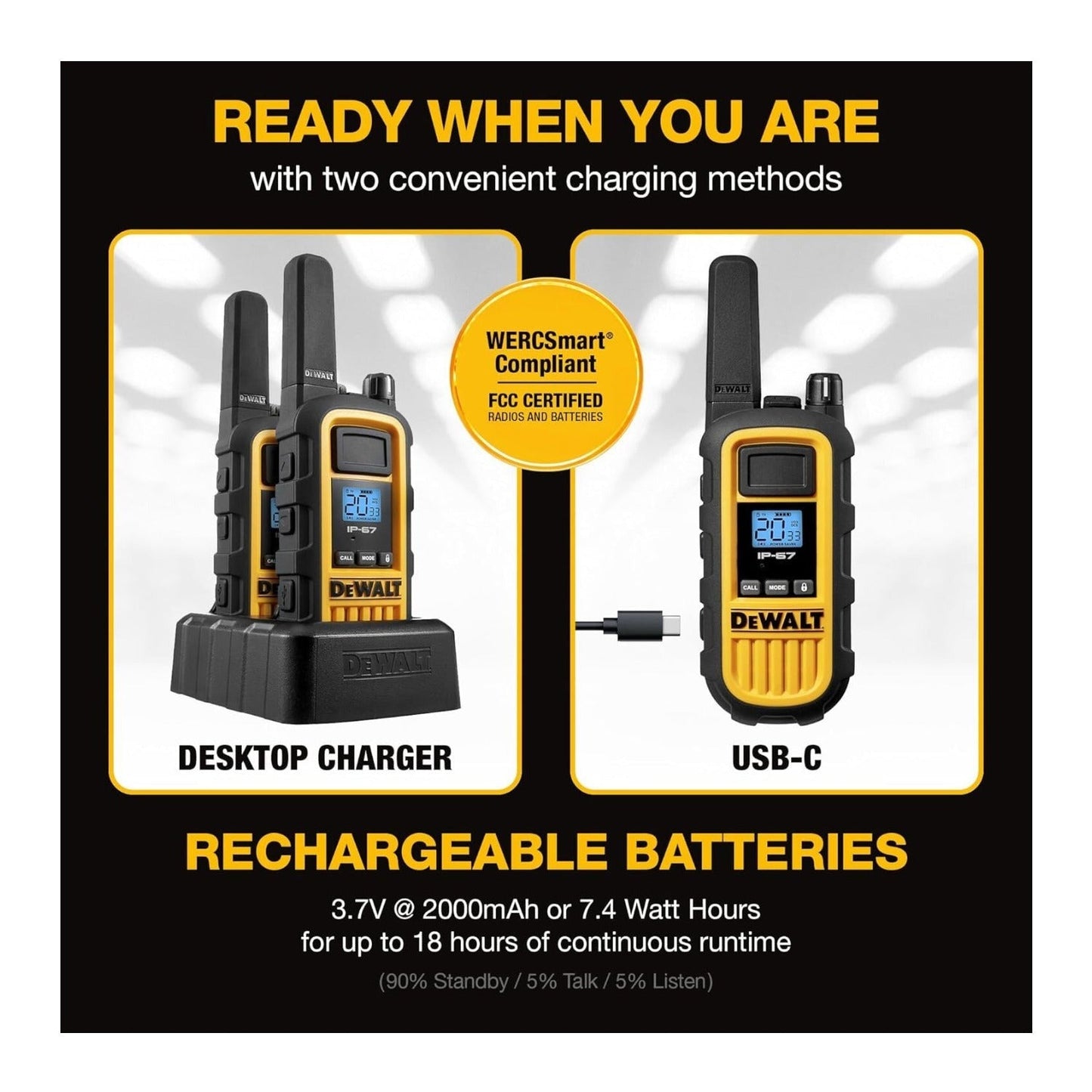 DEWALT FRS Walkie Talkies 4 Pack with Headsets, Long Range 2-Way Radios and IP67
