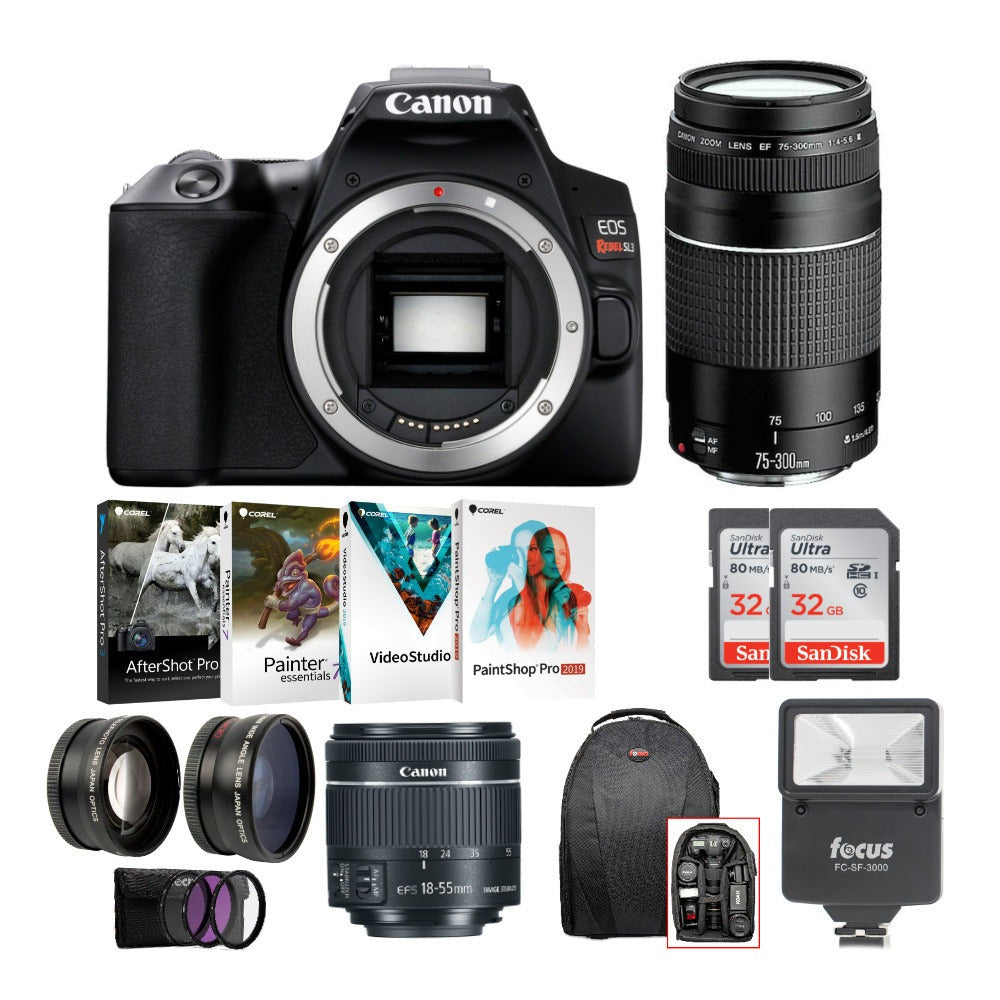 Canon EOS Rebel SL3 DSLR 4K Camera (Black) with EF-S 18-55mm and EF 75-300mm Double Zoom Lens Bundle