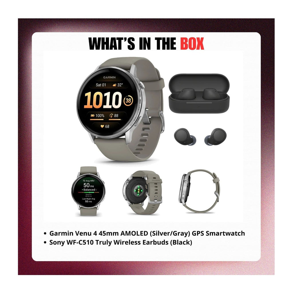 Garmin Venu 4 45mm AMOLED (Silver/Gray) GPS Smartwatch with Earbuds Bundle