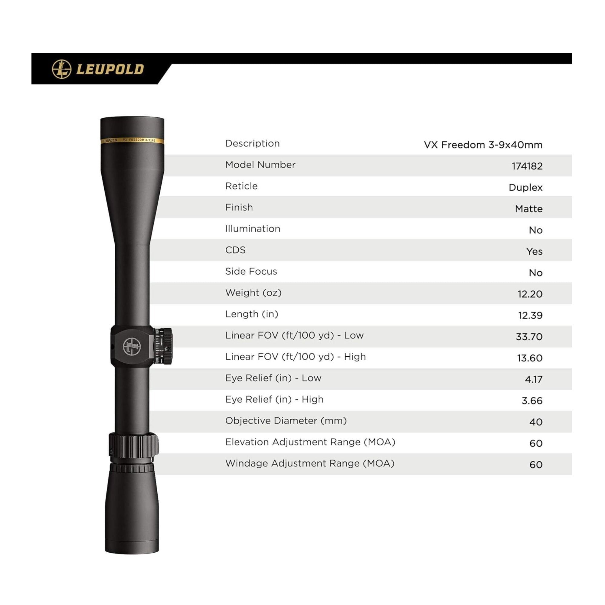 Leupold VX-Freedom 3-9x40mm Riflescope with Duplex CDS Reticle (Matte Black)