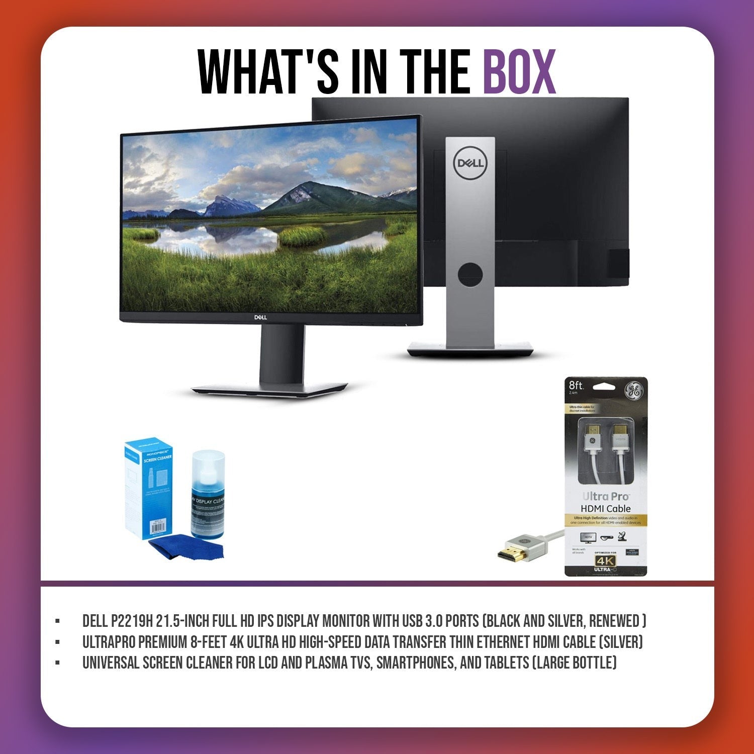 Dell P2219H 21.5" FHD IPS Monitor, Black/Silver, HDMI Cable Bundle (Refurbished)