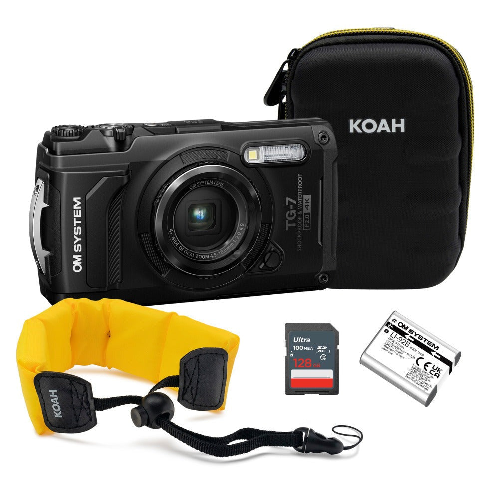 OM SYSTEM Tough TG-7 Digital Camera (Black) Bundle with 128GB Memory Card, Battery and Accessories