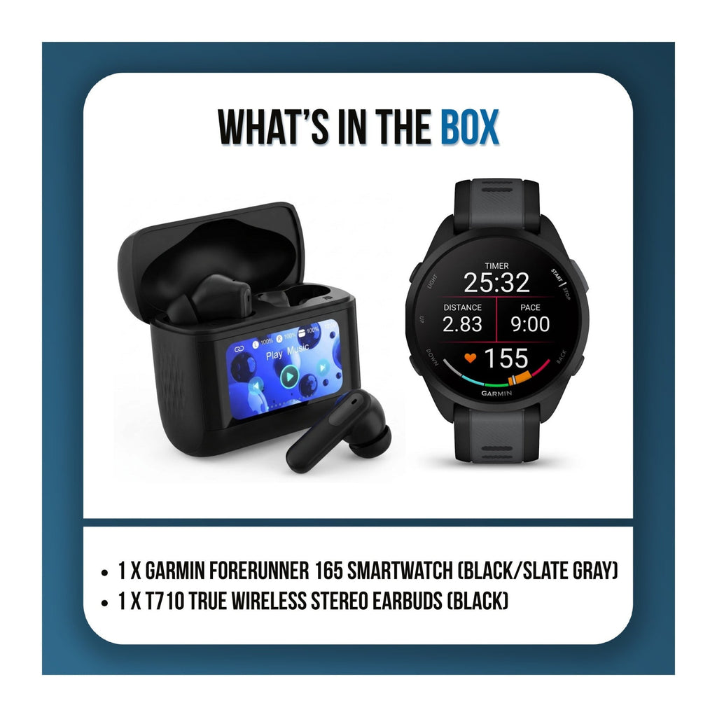 Garmin Forerunner 165 GPS Running Smartwatch (Black/Slate Gray) Bundle with T710 Earbuds