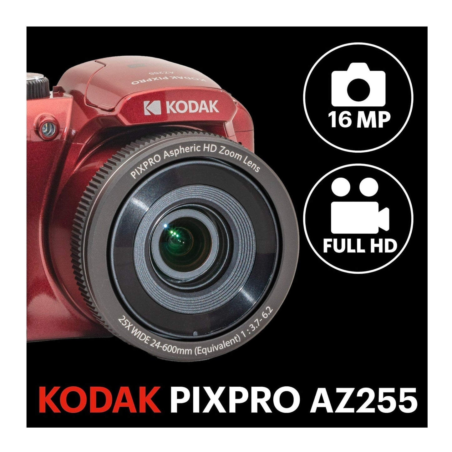 Kodak PIXPRO AZ255 Astro Zoom 16MP Digital Camera (Red) with 128GB SDXC Card