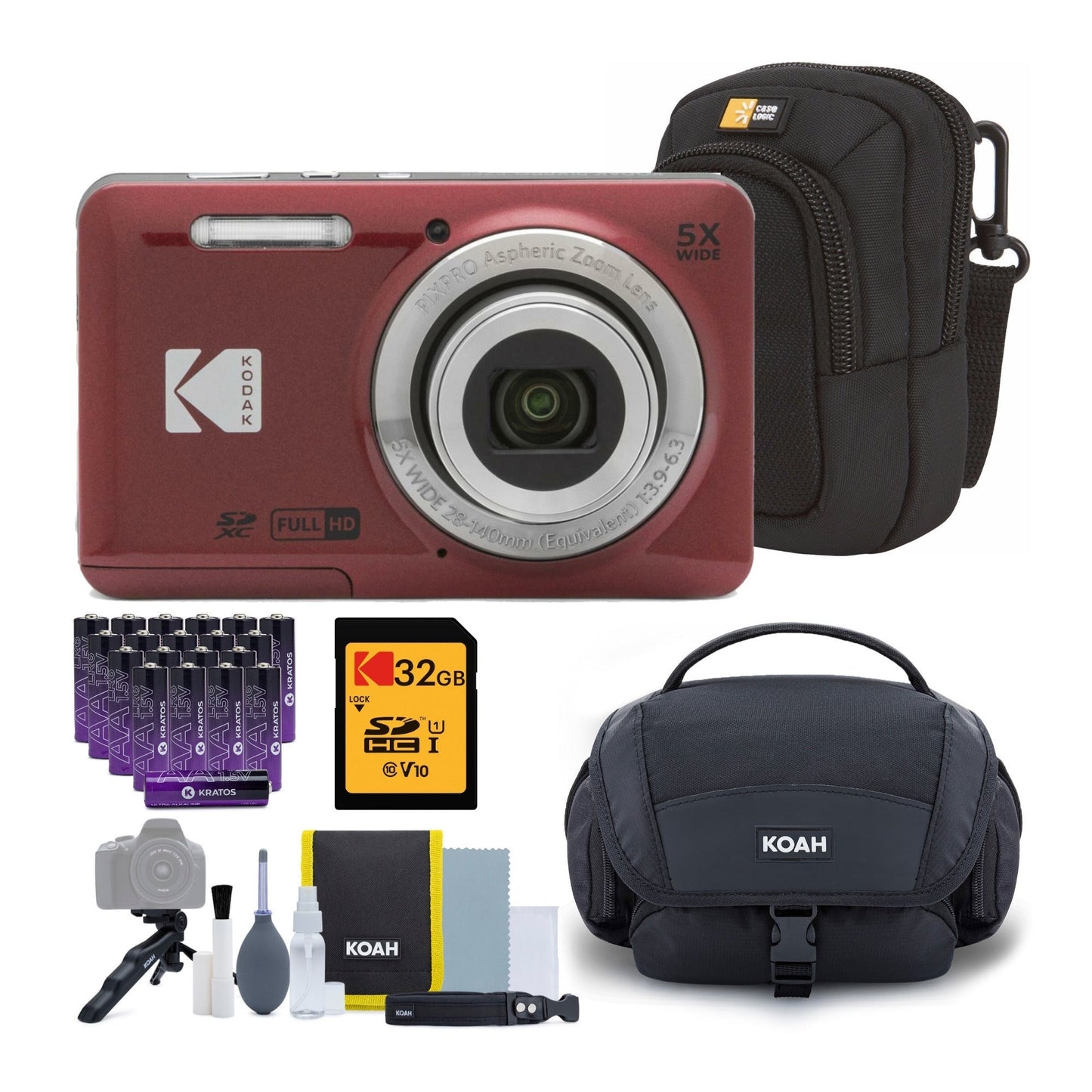 Kodak Pixpro FZ55 Zoom Digital Camera (Red) With 32GB SD Card, Accessory Kit, and AA Batteries