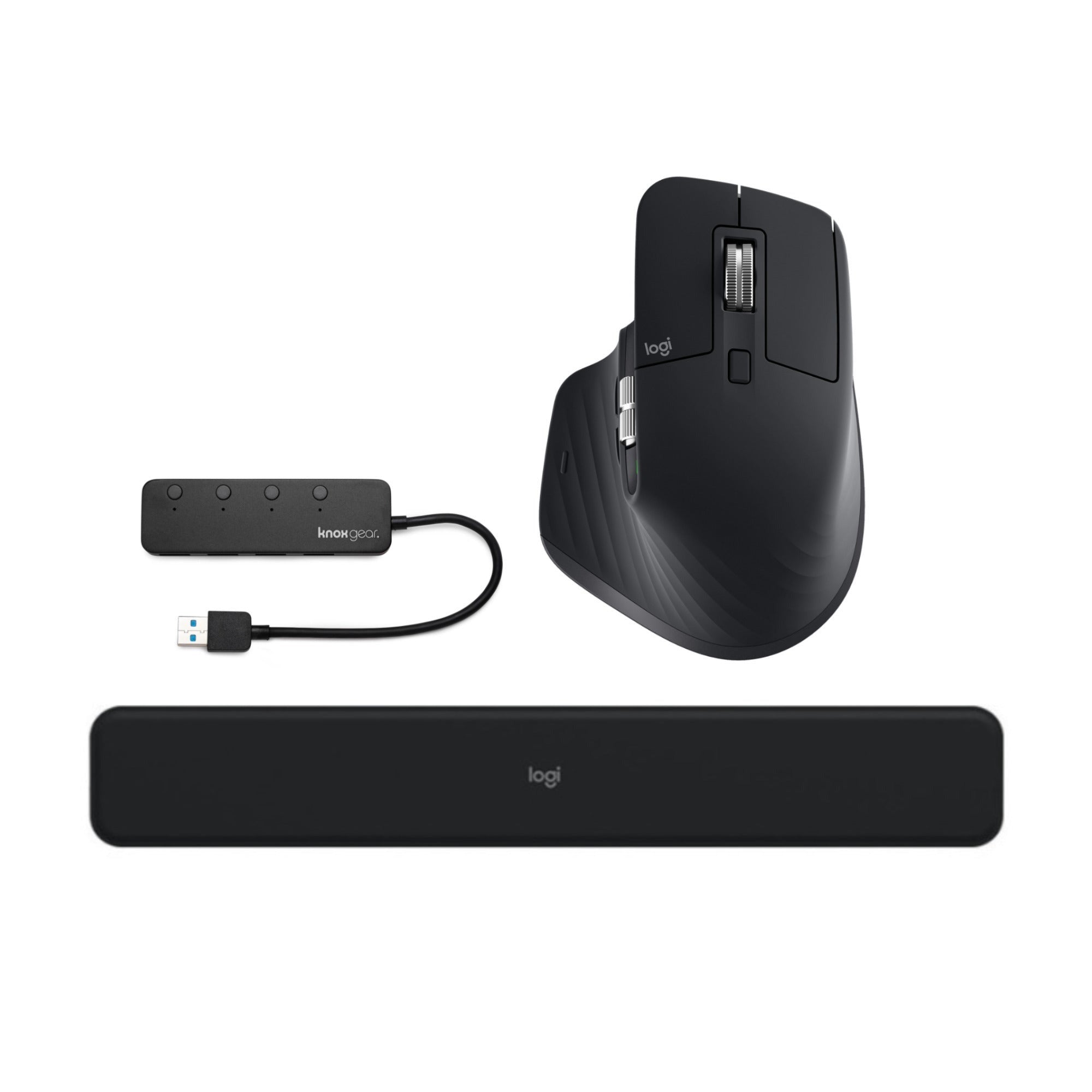 Logitech MX Master 3S Mouse (Black) Bundle with MX Palm Rest and 4-Port USB Hub