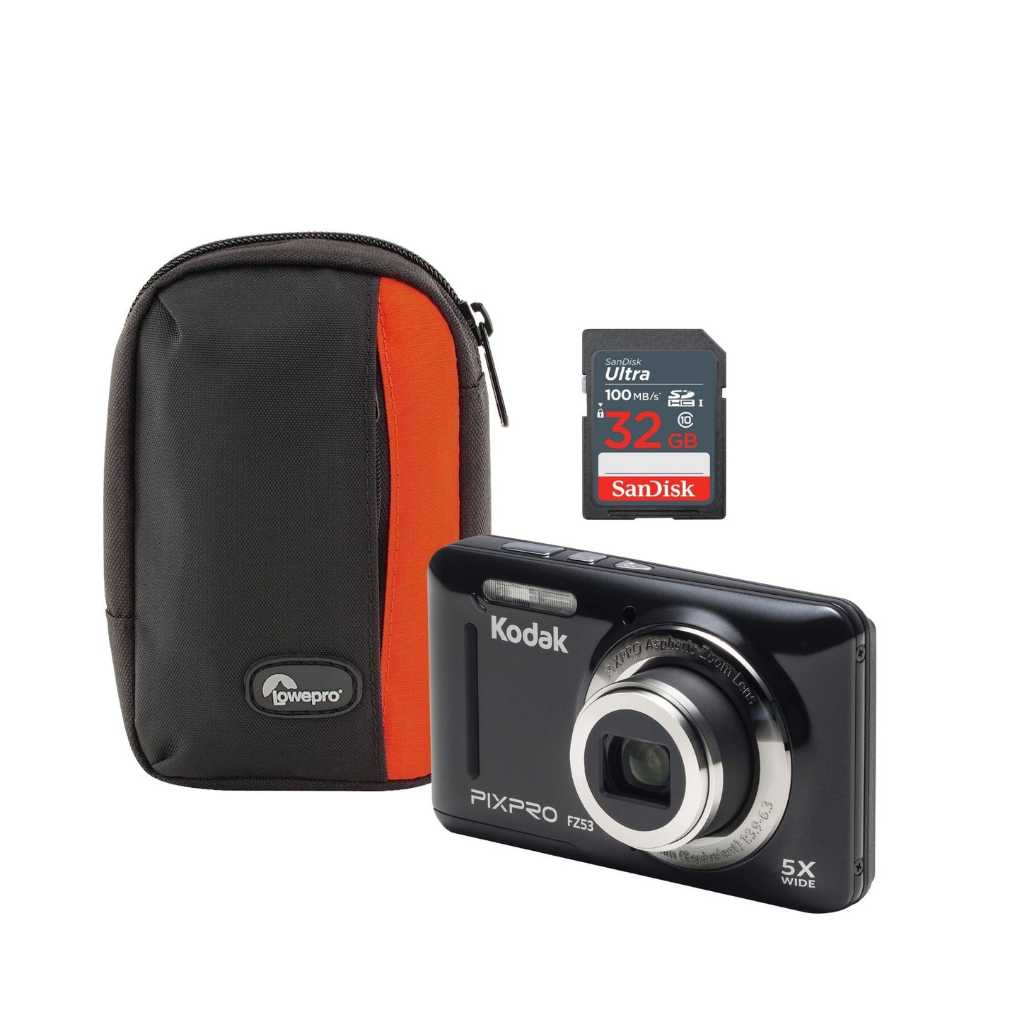 Kodak FZ53 Digital Camera (Black) with 32GB SD Card and Case Bundle
