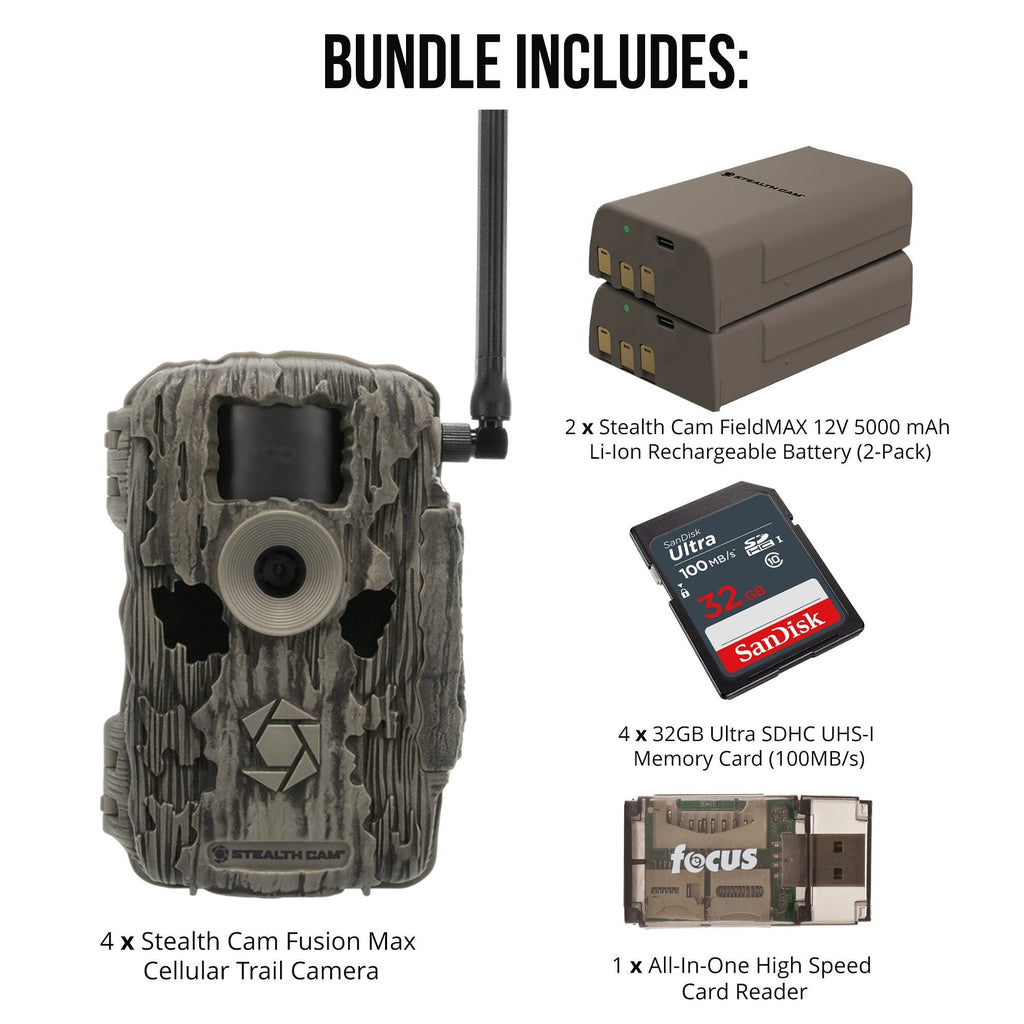 Stealth Cam 36MP Fusion Max Cellular Trail Camera 4-Pack with Fieldmax Lithium 4-Pack Bundle