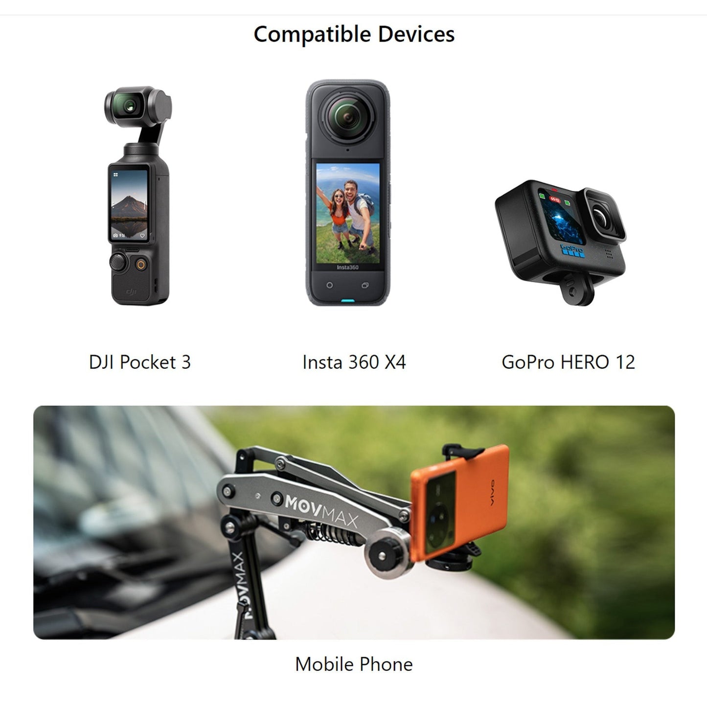 Movmax Blade Arm for DJI Pocket 3, Insta 360, and GoPro HERO 12 Cameras and Hoop Connector Bundle