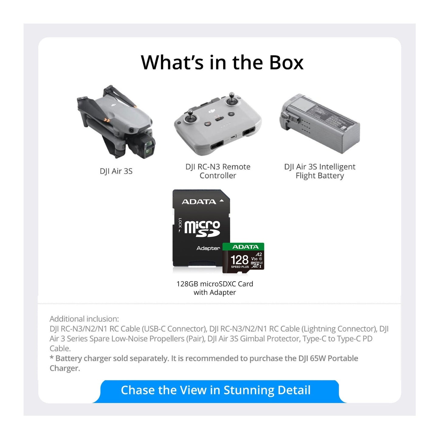 DJI Air 3S Drone with RC-N3 Remote Controller with 128GB microSDXC UHS I U3 10 A2 Memory Card Bundle