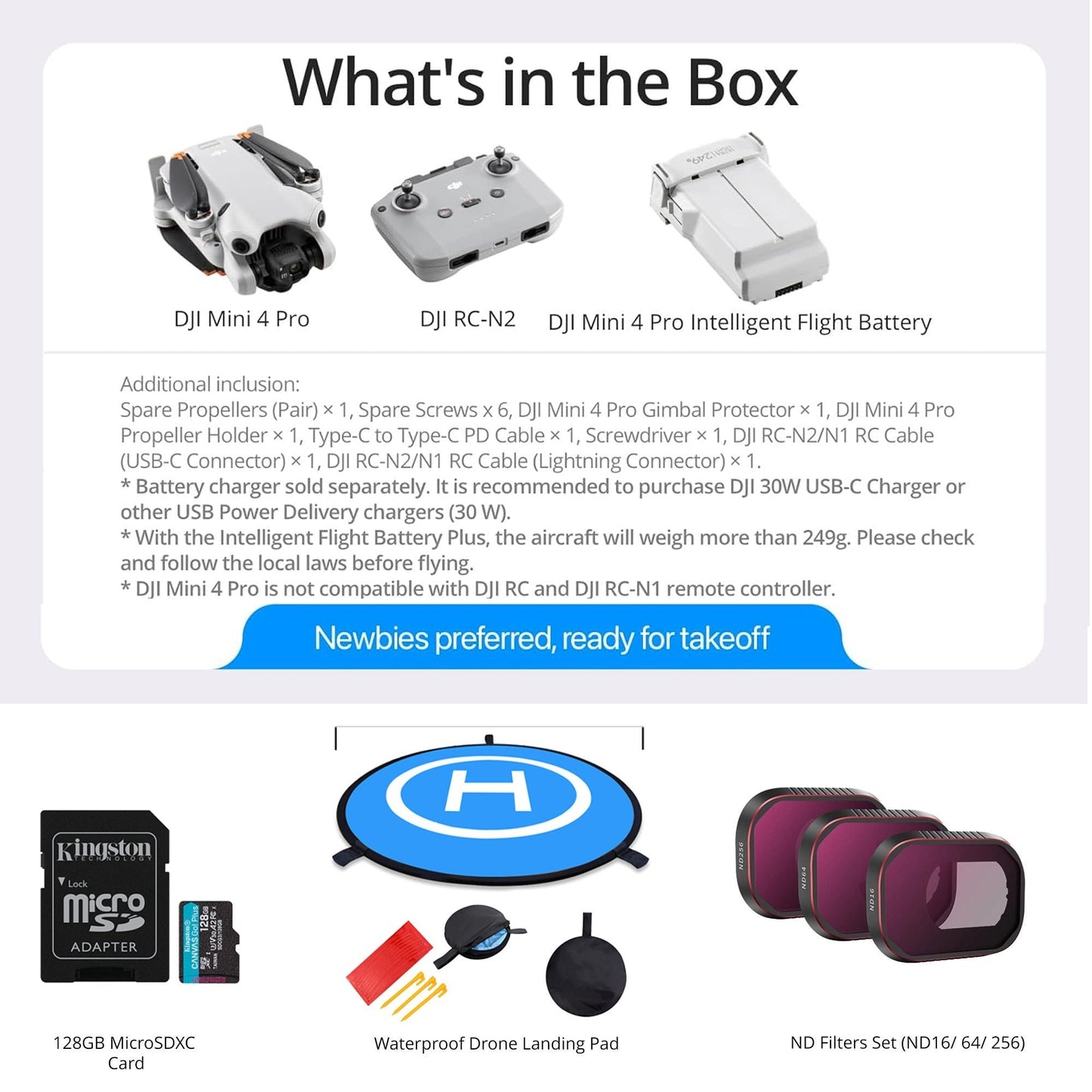 DJI Mini 4 Pro Drone with RC-N2 Controller with ND Filters Set, Landing Pad, and 128GB MicroSD Card