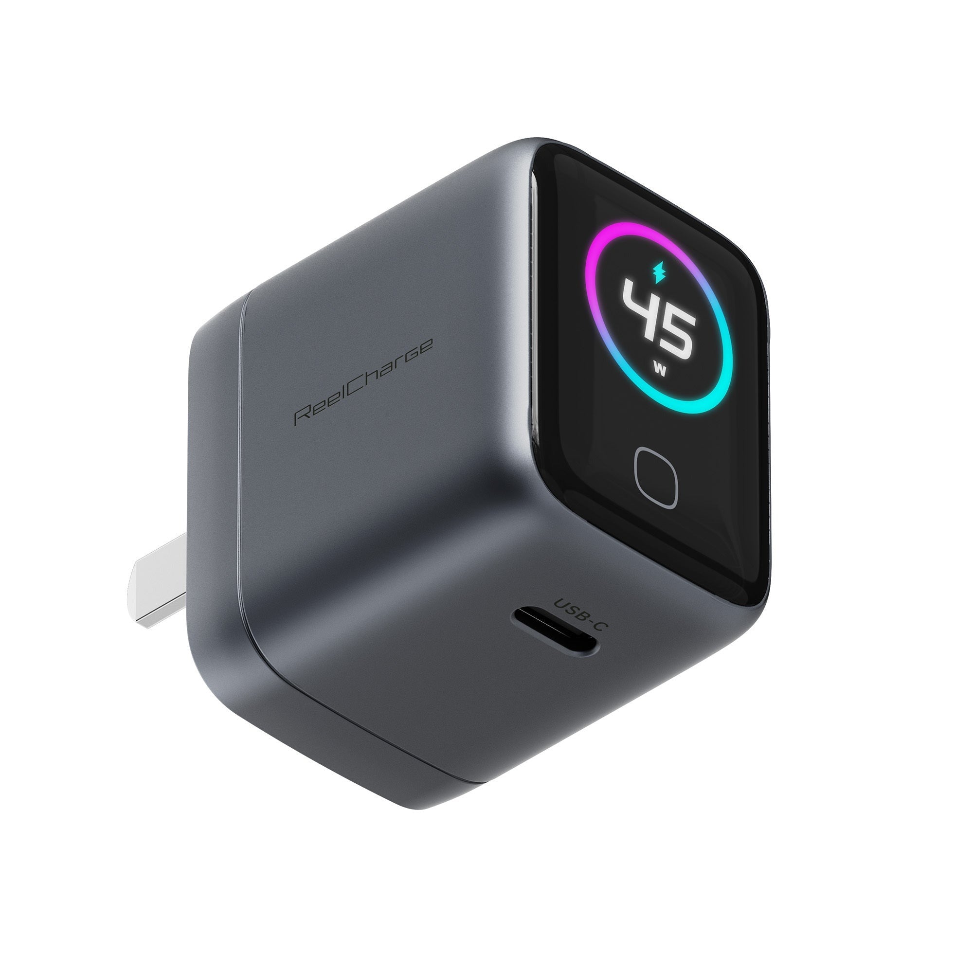 ReelCharge 45W Smart Wall Charger with USB-C Fast Charge Folding Plug (Gray)