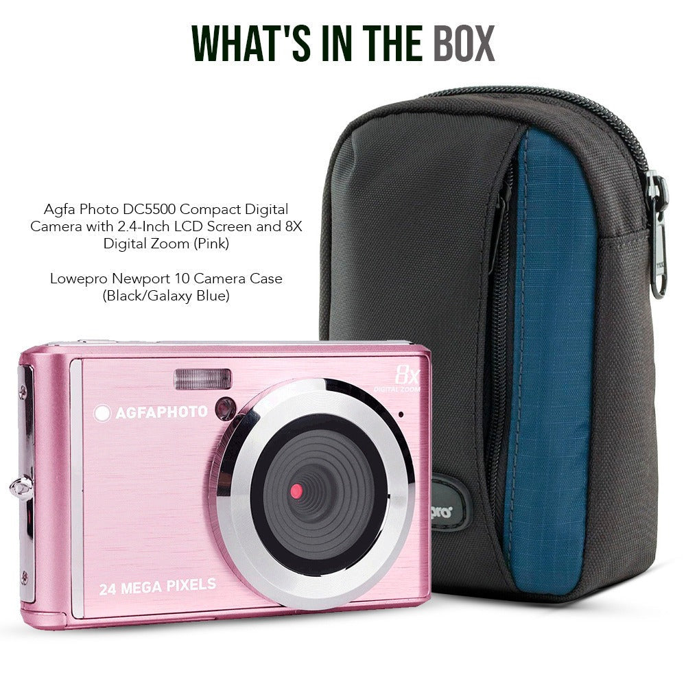 Agfa Photo DC5500 Compact Digital Camera (Pink) with Camera Case (Black and Galaxy Blue) Bundle