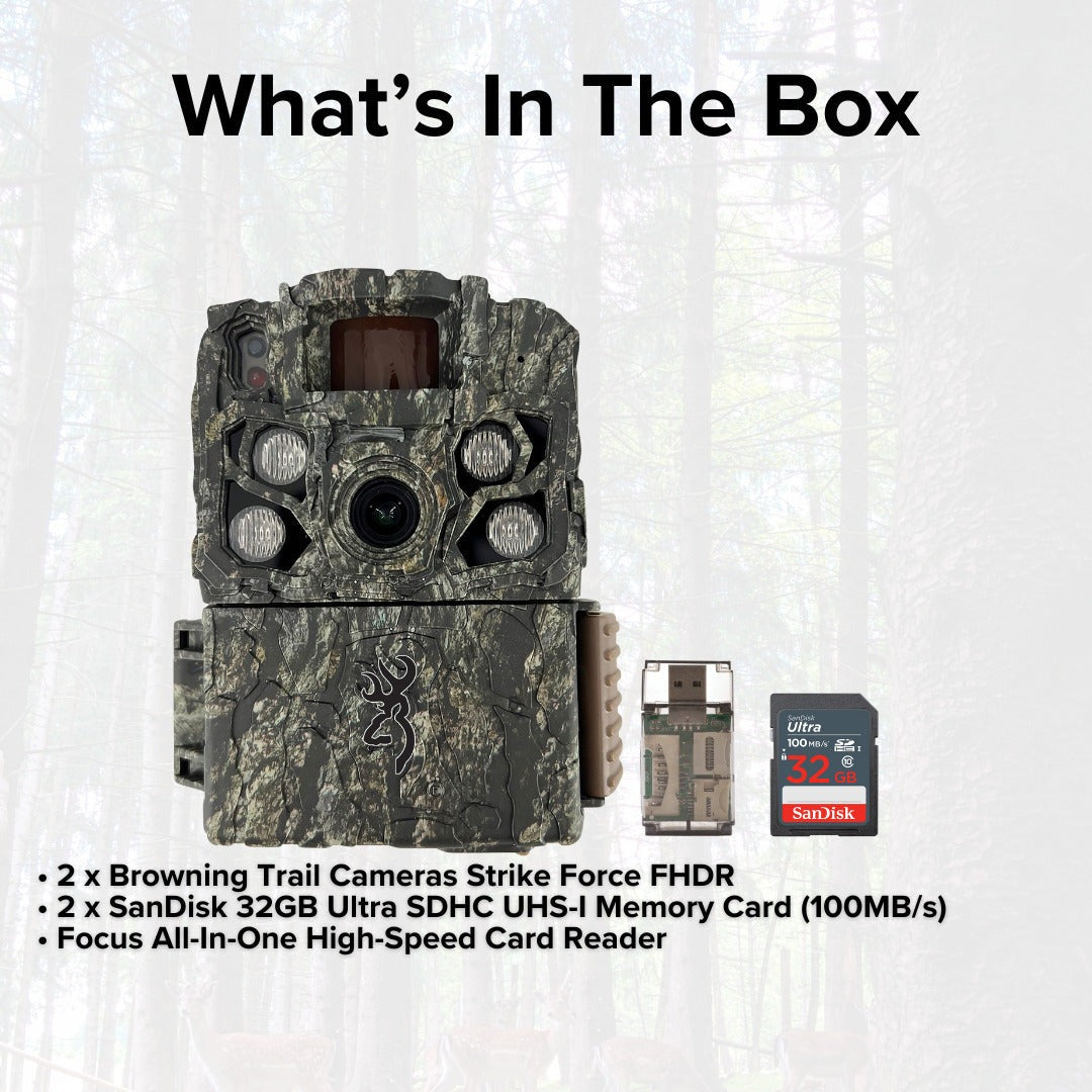 Browning Trail Cameras Strike Force FHDR (2-Pack) with 2 x 32GB Memory Card and Card Reader Bundle