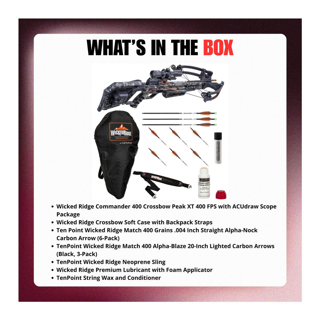 Wicked Ridge Commander 400 Crossbow Peak XT 400 FPS with ACUdraw Scope and Accessories Bundle