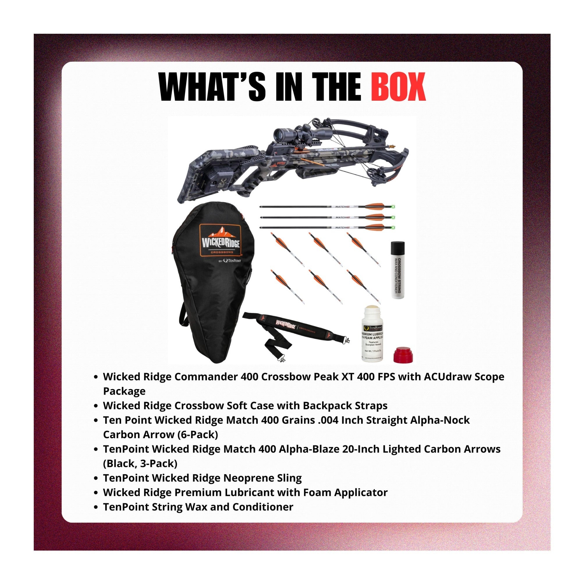 Wicked Ridge Commander 400 Crossbow Peak XT 400 FPS with ACUdraw Scope and Accessories Bundle