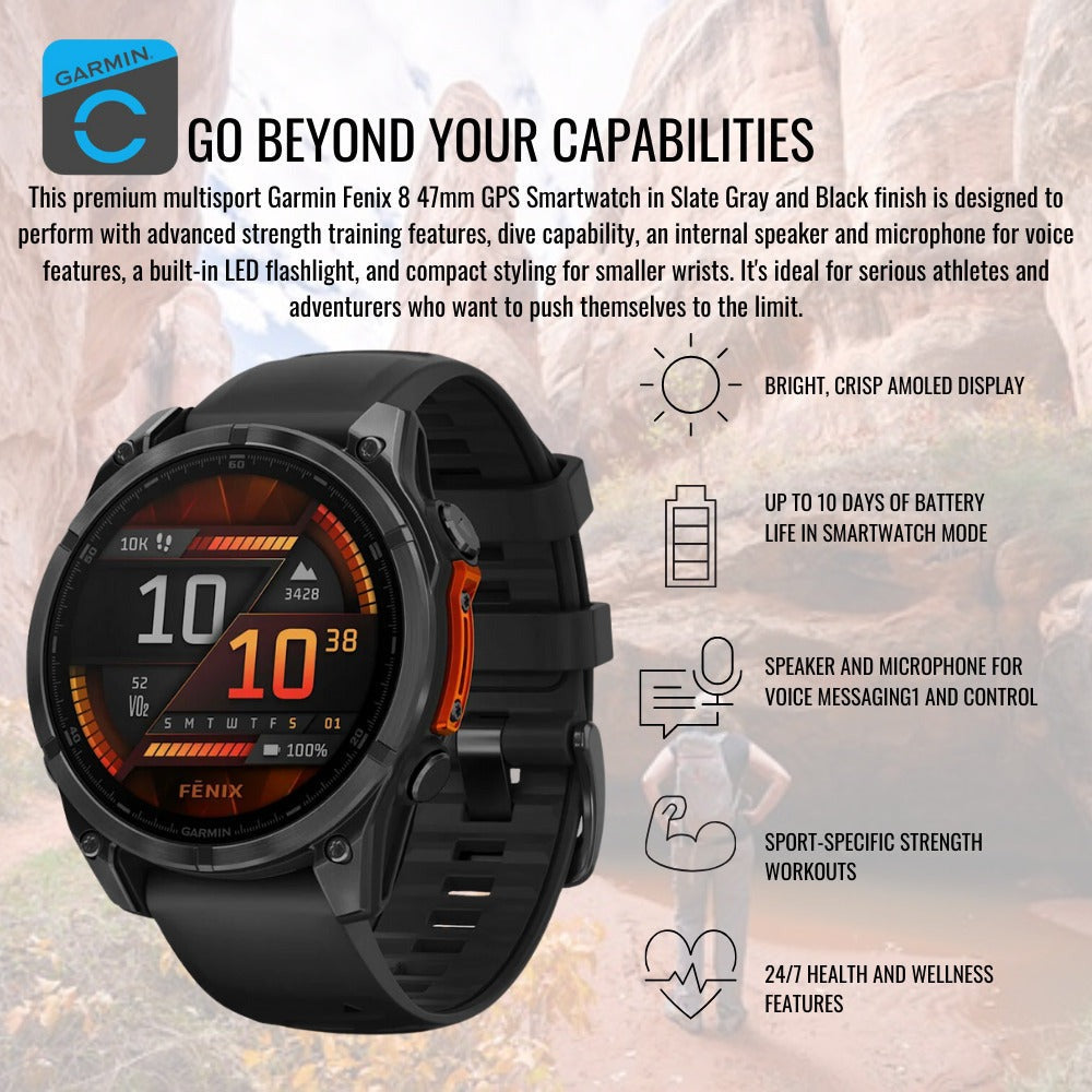 Garmin Fenix 8 47mm GPS Smartwatch (Slate Gray-Black) with Power Bank and Screen Protector Bundle