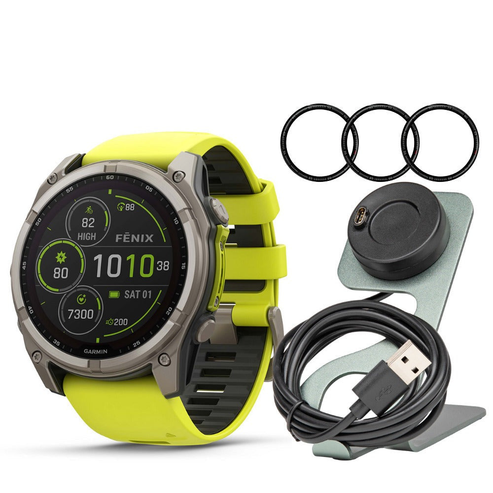 Garmin Fenix 8 Sapphire Solar 51mm Smartwatch (Amp Yellow and Graphite) with Charger Stand Bundle