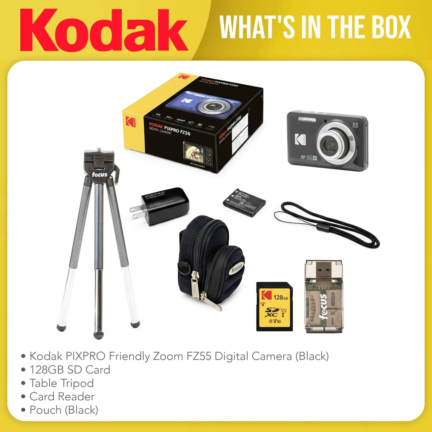 Kodak PIXPRO Friendly Zoom FZ55 Digital Camera (Black) Bundle