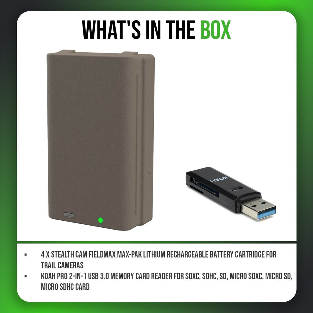 Stealth Cam FieldMax Max-Pak Lithium Battery Cartridge (4-Pack) with Memory Card Reader Bundle