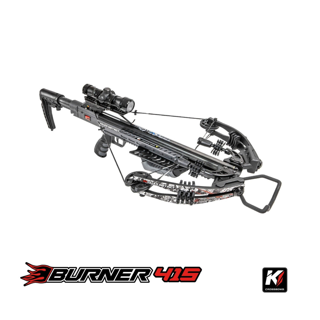 Killer Instinct Burner 415 Crossbow (Gray Camo) with Crank & Broadheads Bundle