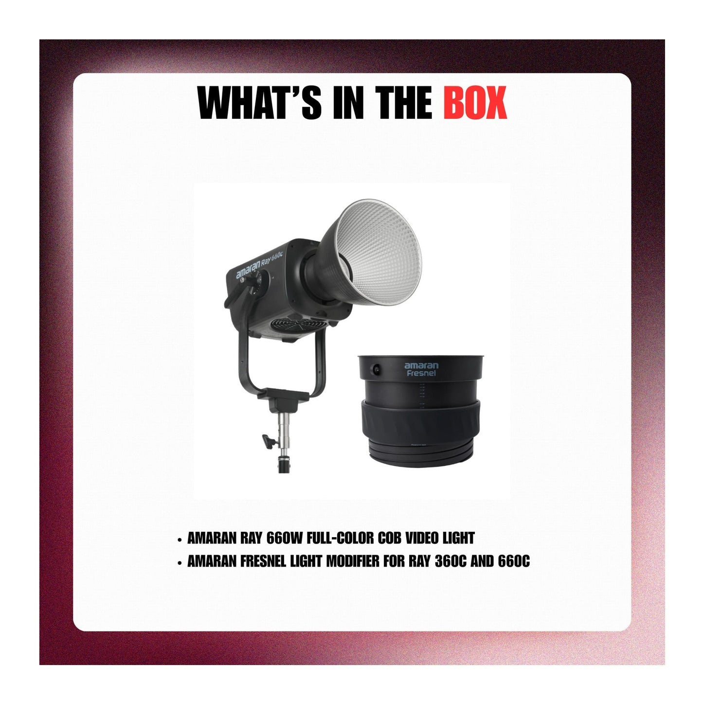 Amaran Ray 660W Full-Color COB Video Light and Fresnel Light Modifier Bundle