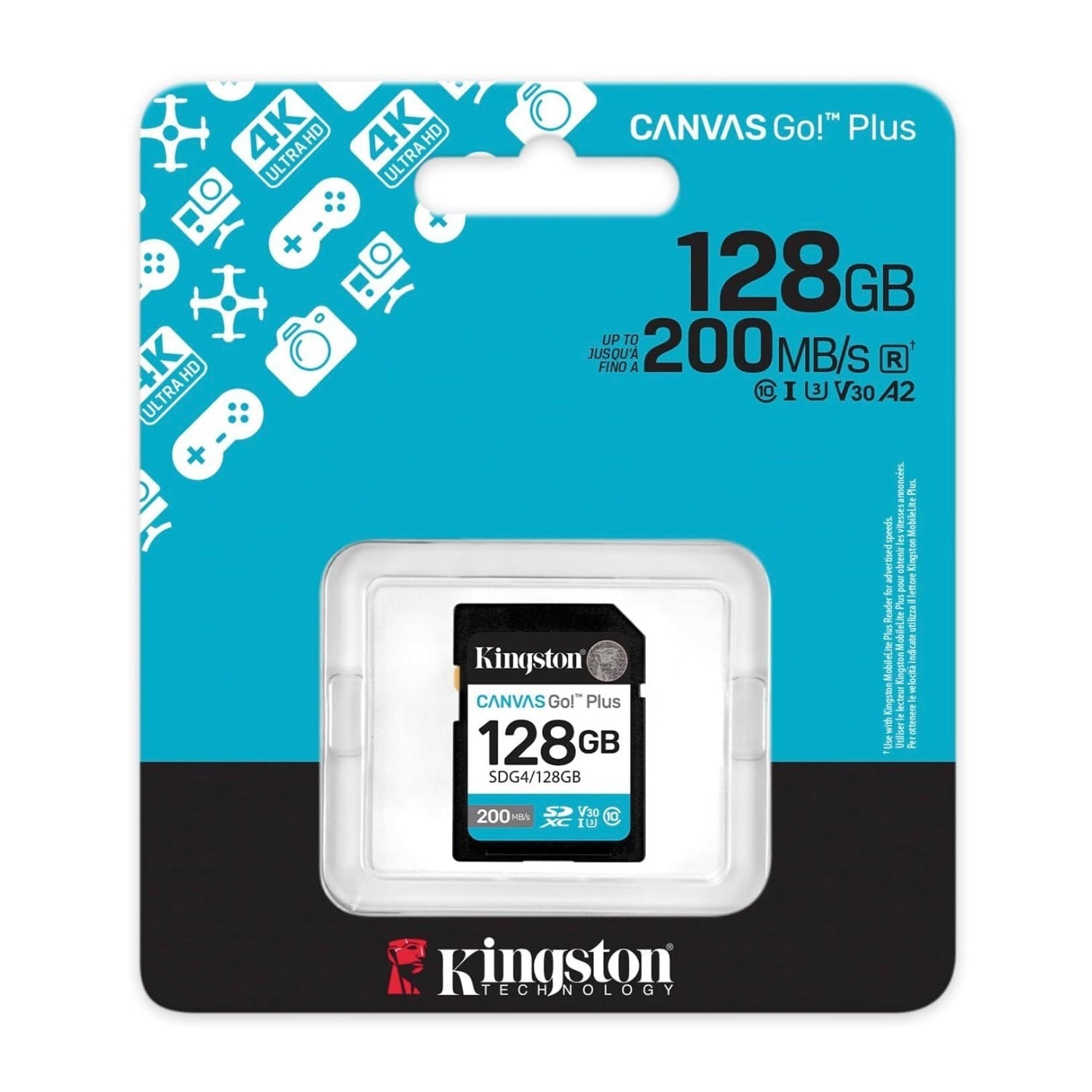 Kingston Canvas Go Plus 128GB Gen4 200MB/s Class 10 UHS-I U3 V30 Memory Card