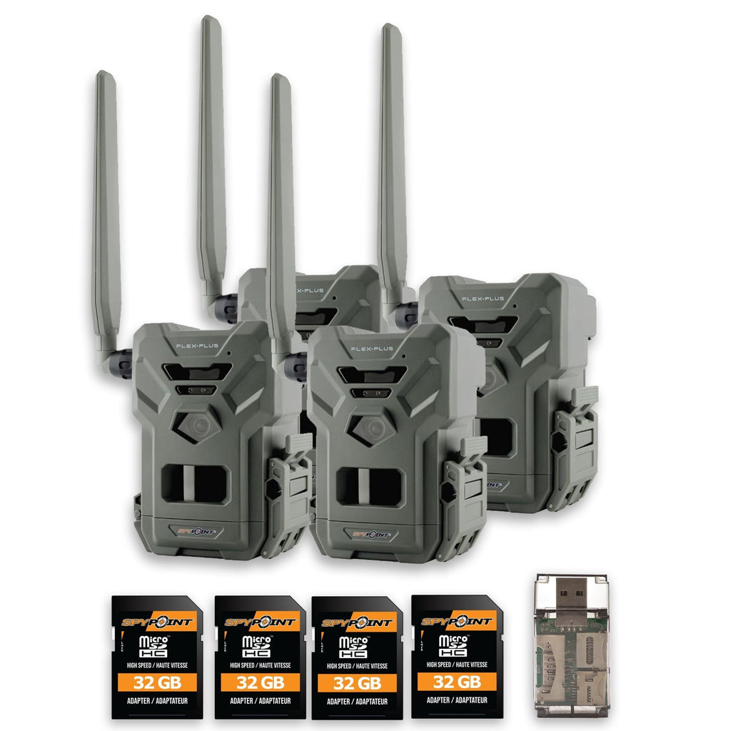 Spypoint FLEX-PLUS Cellular Trail Camera with Memory Card (4-Pack) and Reader